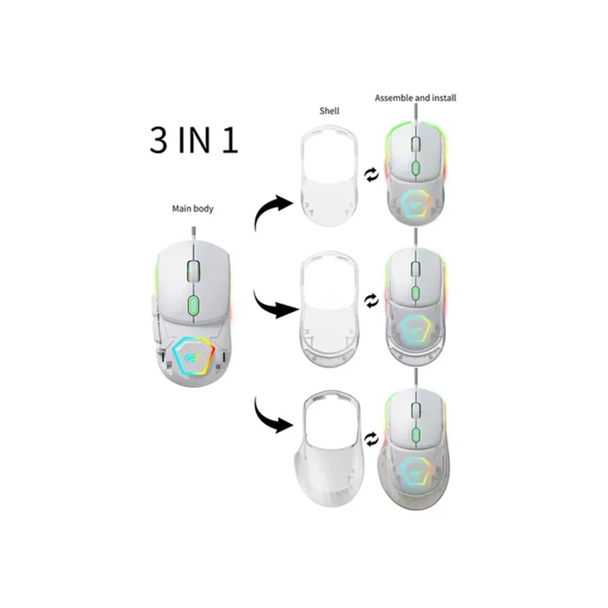 HAVIT White RGB 3-in-1 Wired Gaming Mouse (12800 DPI, 7 Buttons, USB) - MS965SE view 3